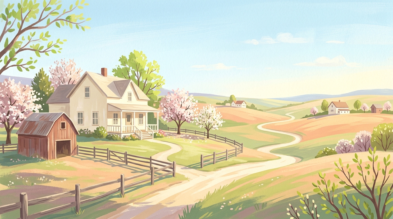 Illustration of frame farmhouses scattered across wide, rolling grassland in spring