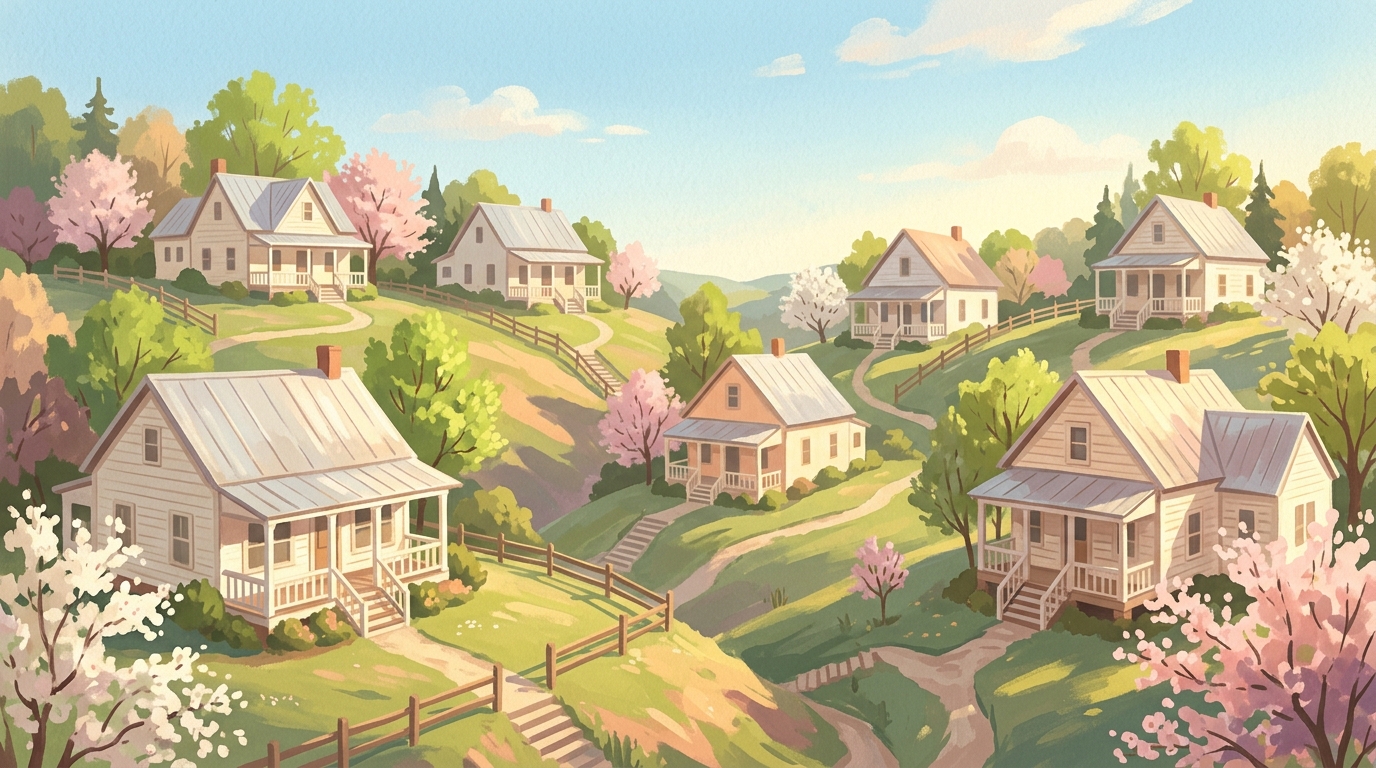 Illustration of frame houses with tin roofs and porches on green, wooded ridges in spring