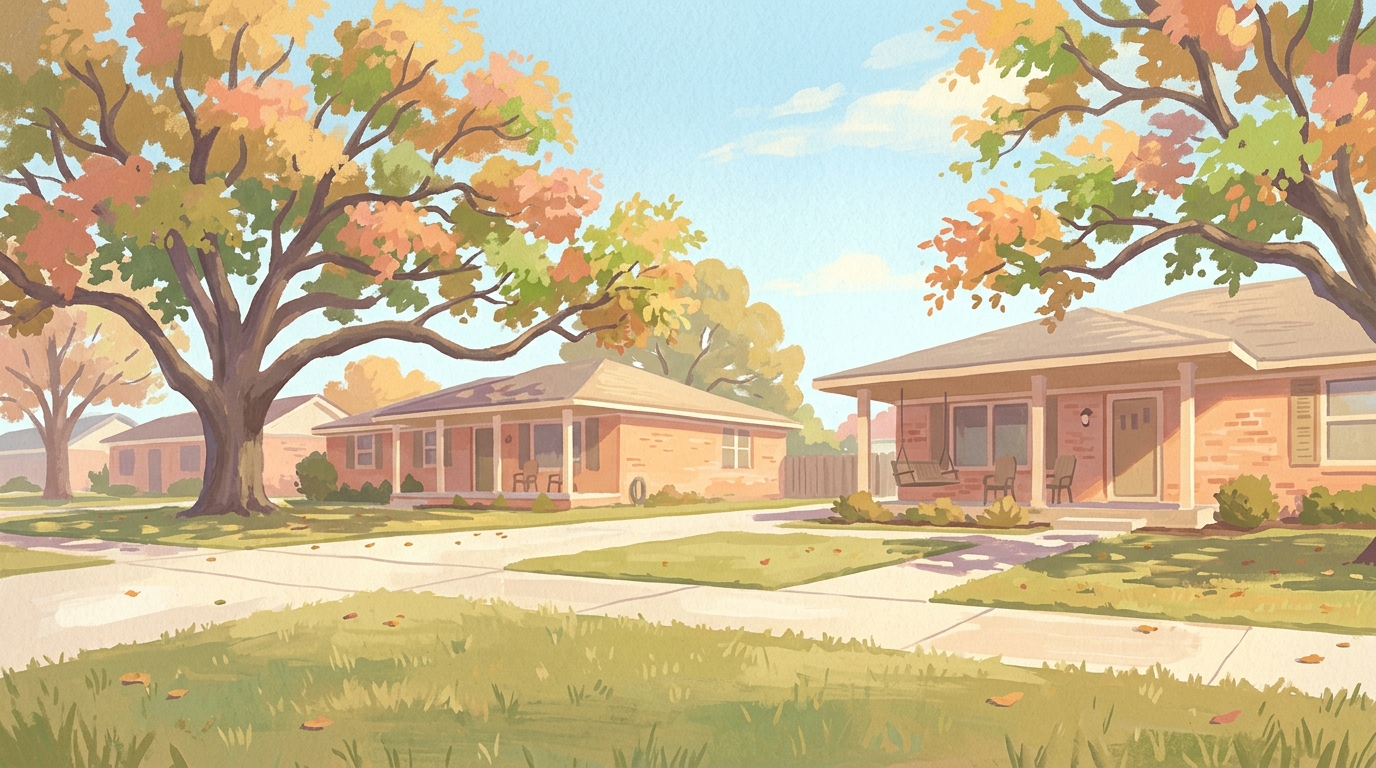 Illustration of brick ranch houses with wide porches and big live oaks in the yards