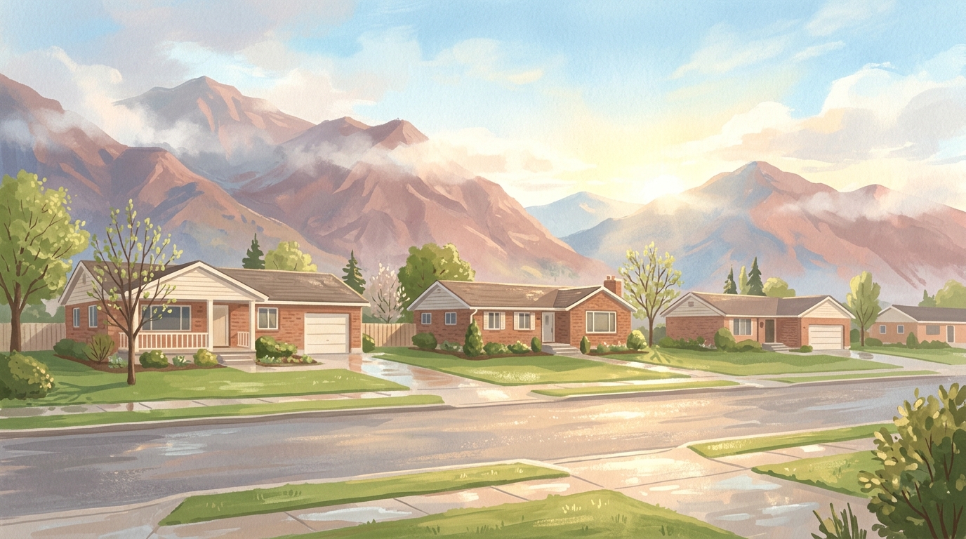 Illustration of brick bungalows and ranch houses with big lawns, tall mountains close behind in a light shower