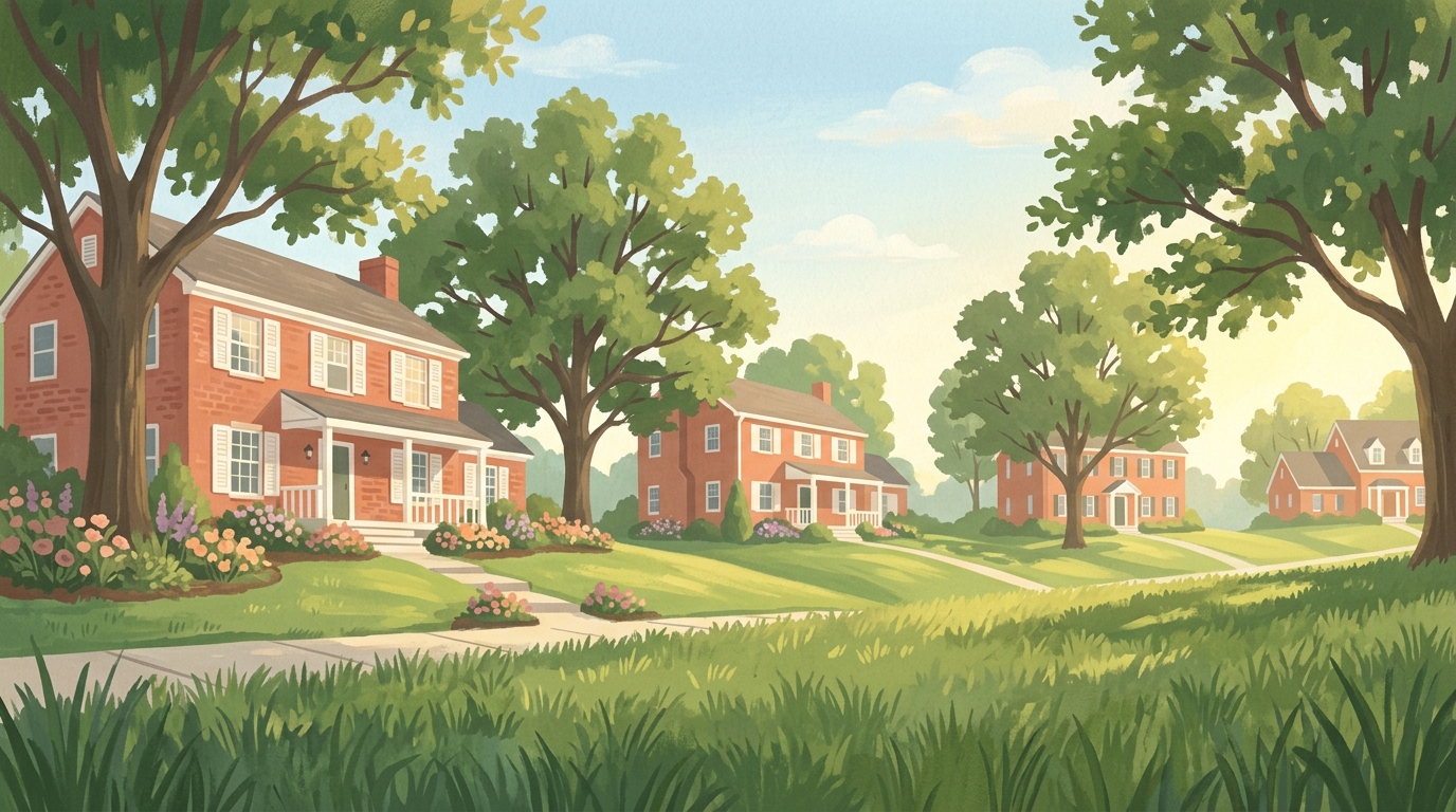 Illustration of red brick colonials with white trim among tall oaks on rolling land