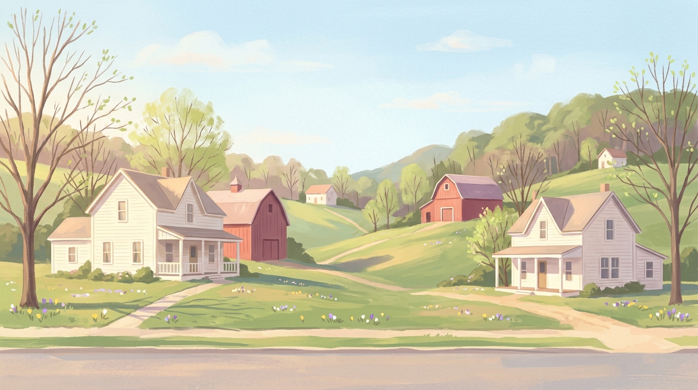 Illustration of white clapboard farmhouses and red barns on green, wooded hills in spring