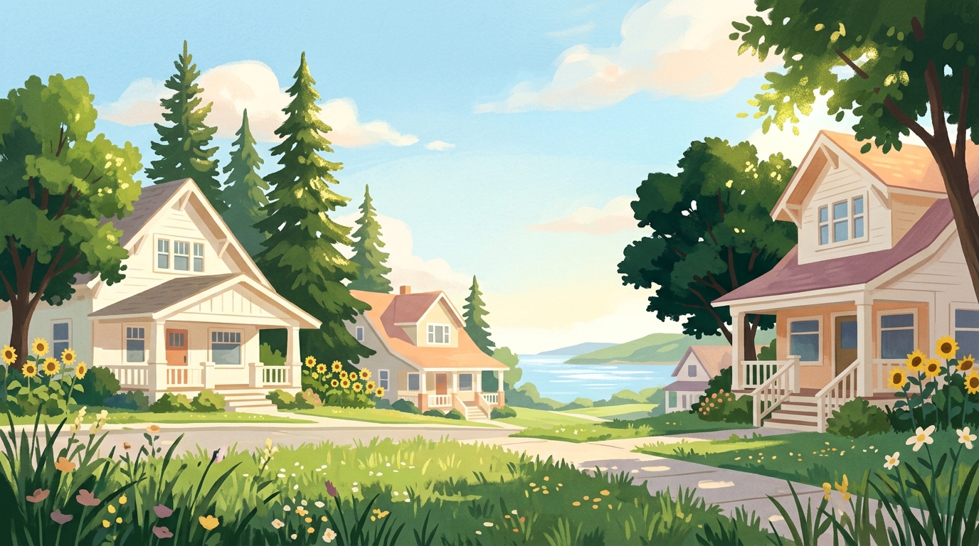 Illustration of craftsman houses among tall evergreens, green hills and calm water beyond