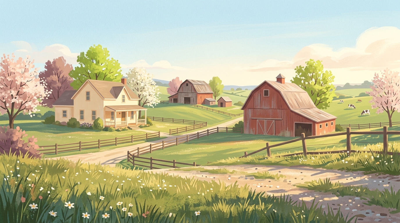 Illustration of frame farmhouses with red barns and dairy pastures on rolling green land in spring