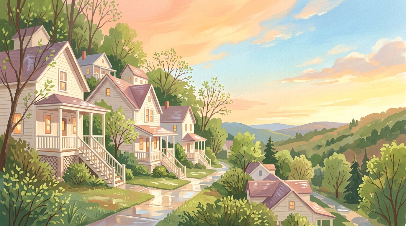 Illustration of frame houses with porches stacked along narrow wooded hollows in a light shower