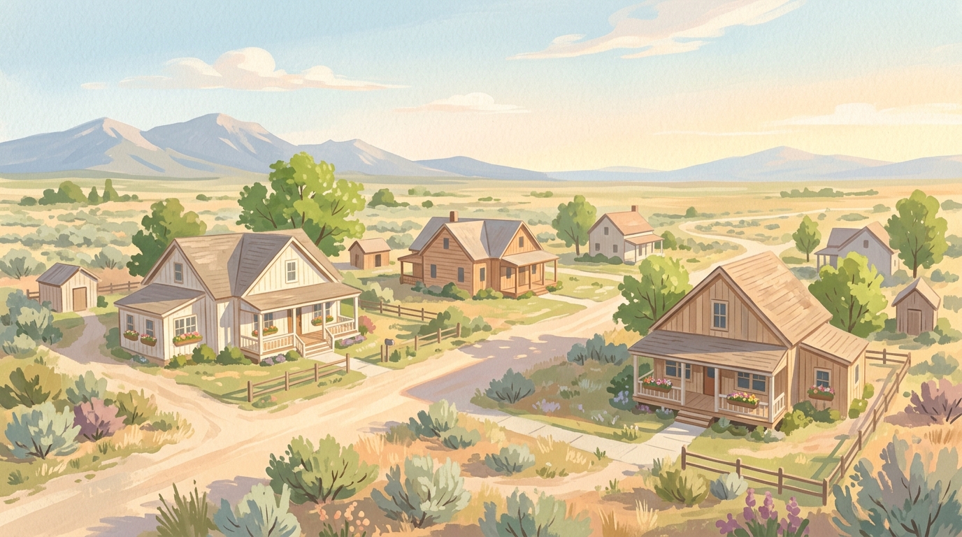 Illustration of wooden ranch houses on wide open sagebrush land, mountains far off